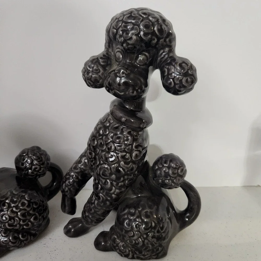 Vintage Mid Century Modern Gray Ceramic Shelf Poodles Dog Decor Signed Reiber